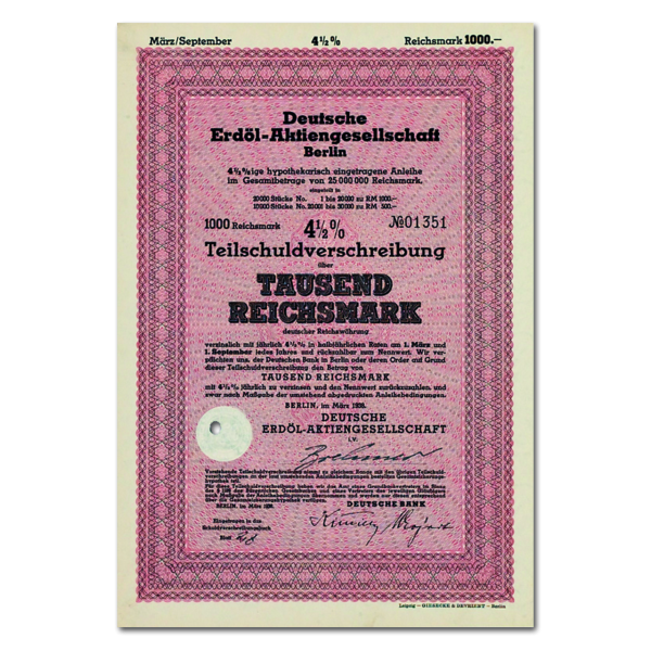 Aktie 1000 Reichsmark Deutsche Erdöl-AG Berlin 1938