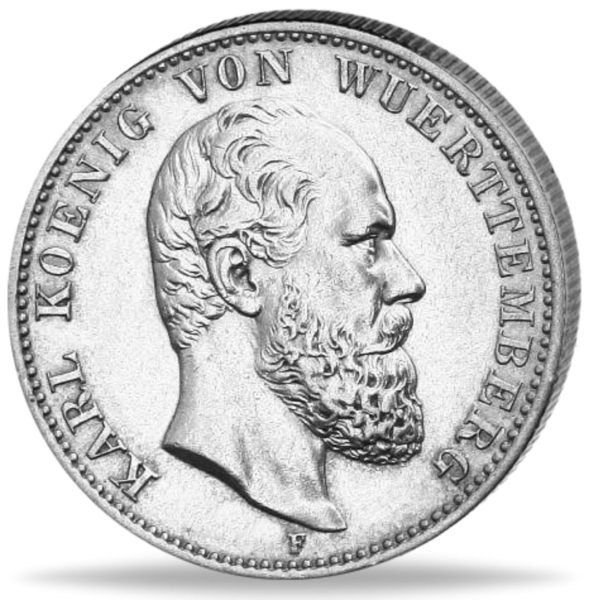 Württemberg  2 Mark „König Karl“ 1877 - Silber - Münze Vorderseite