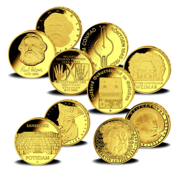 Deutschland, Goldsatz mit 5 berühmte Persönlichkeiten - 10 Münzen vergoldet
