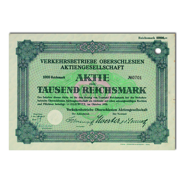 1.000 Reichsmark Verkehrsbetriebe Oberschlesien AG Gleiwitz