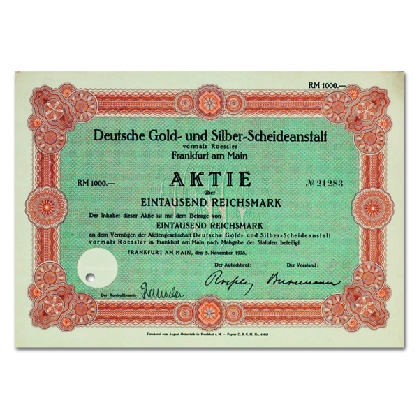 Aktie 1000 Reichsmark Deutsche Gold- und Silber-Scheideanstalt - Roessler 1928