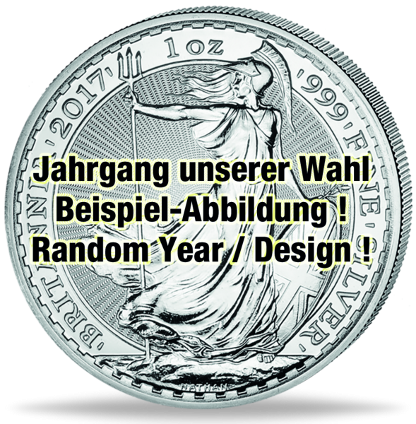 2 Pfund Britannnia 1 Unze Silber, Jahrgang unserer Wahl - Münze Vorderseite
