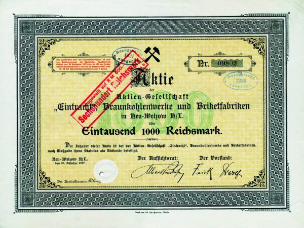 1000 Mark AG Eintracht, Braunkohlenwerke und Briketfabriken Berlin 1917 - Aktie
