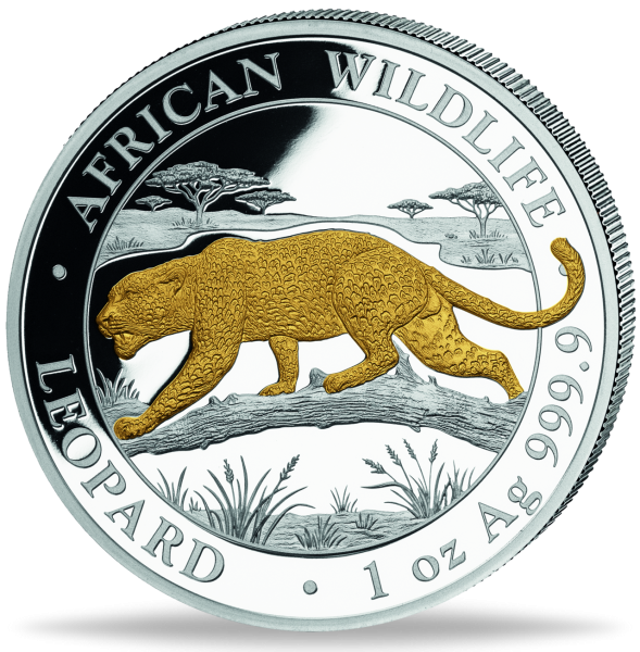 100 Shiling African Leopard 1 Unze Silber mit Goldveredelung 2026 - Münze Vorder