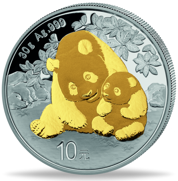 China, 10 Yuan 2024, Panda mit Goldveredelung - Silber - Münze Vorderseite