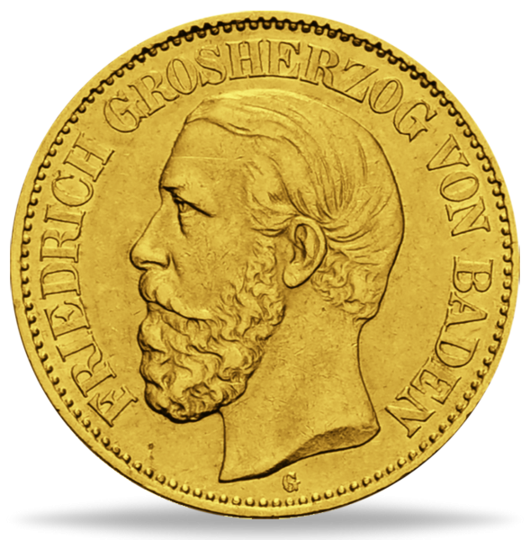 10 Mark „Großherzog Friedrich I.“ 1876 Vorzüglich - Gold - Münze Vorderseite