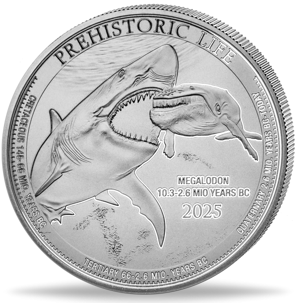 20 Francs 2025, Megalodon Prehistoric Life II, 1 Unze Ag - Münze Vorderseite