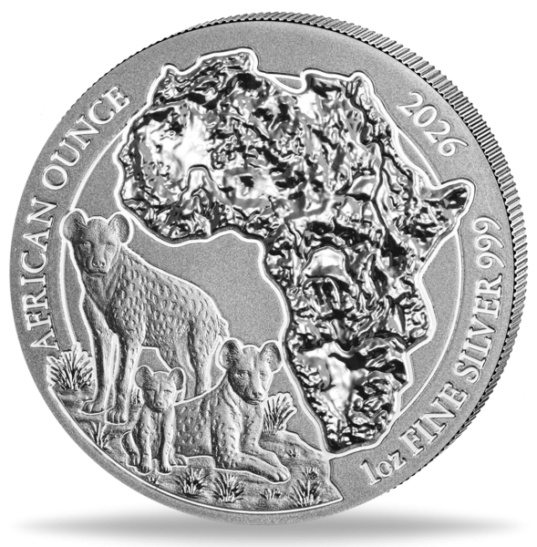 Ruanda, 50 Francs Tüpfelhyäne African Ounce 2026 1 Oz Ag - Münze Vorderseite
