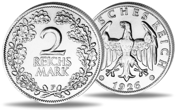 2 Reichsmark „Eichenlaub - F“ 1926 - Silber - Münze Vorderseite / 2 Reichsmark „Eichenlaub - F“ 1926 - Silber - Münze Rückseite