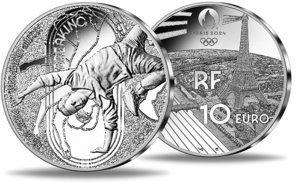 10 Euro Breakdance Olympiade Paris 2024 Silber - Vorderseite Münze / 10 Euro Breakdance Olympiade Paris 2024 Silber - Rückseite Münze