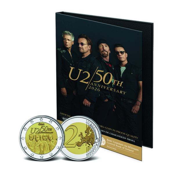 2 Euro 50 Jahre U2, Plierte Platte - Münze vor Folder