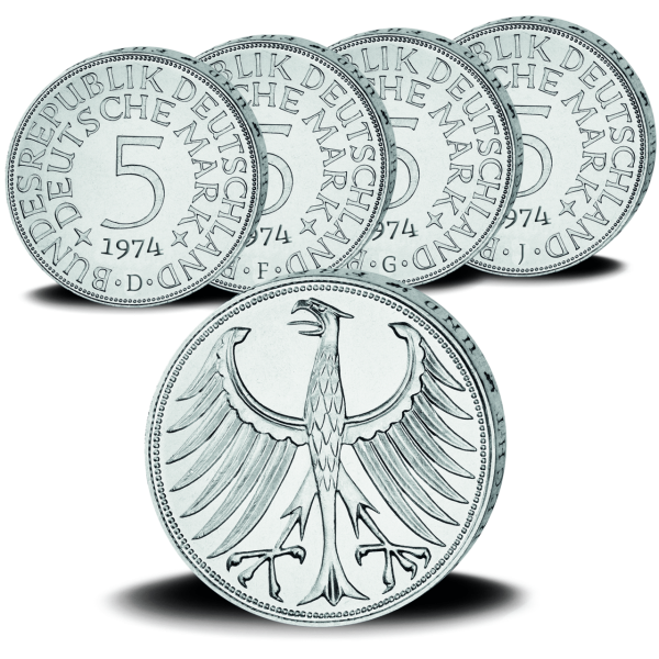 5 DM Kursmünzensatz 1974 Silber Prägestätten - Satzbild