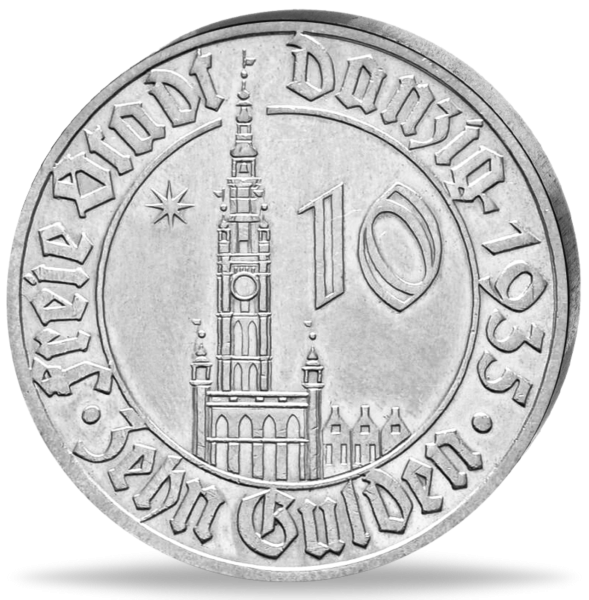 Danzig 10 Gulden „Rathaus“ Stempelglanz 1935 - Münze Vorderseite