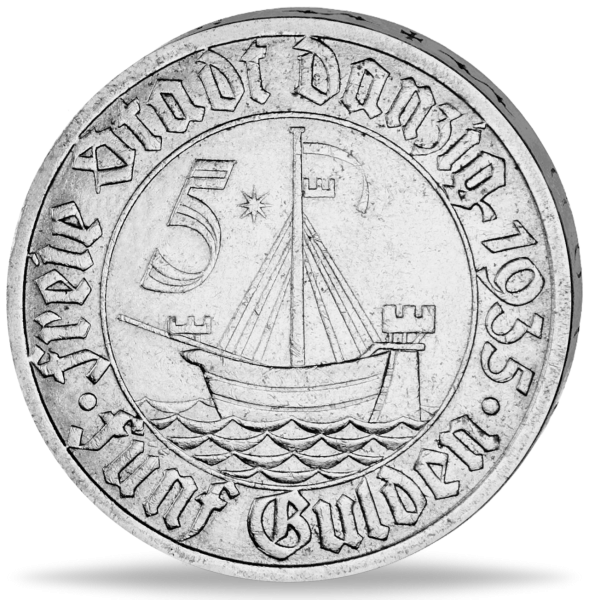 Danzig 5 Gulden „Kogge“ 1935 Vorzüglich Stempelglanz - Münze Vorderseite
