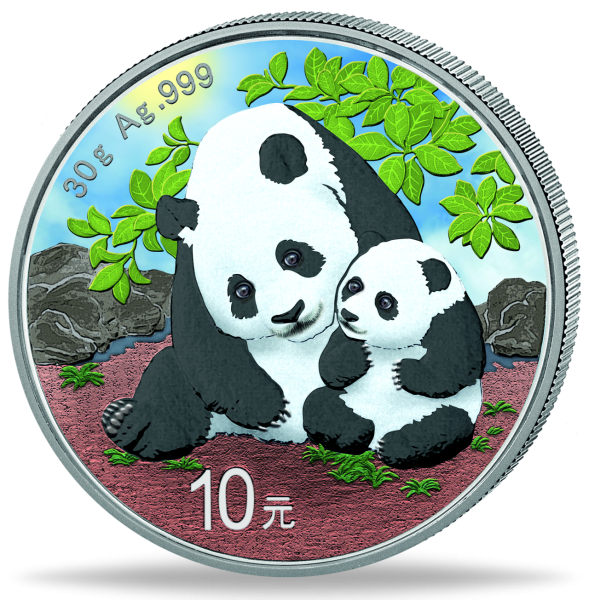 10 Yuan 2024, Panda Tagdesign - Silber mit Farbapplikation - Münze Vorderseite