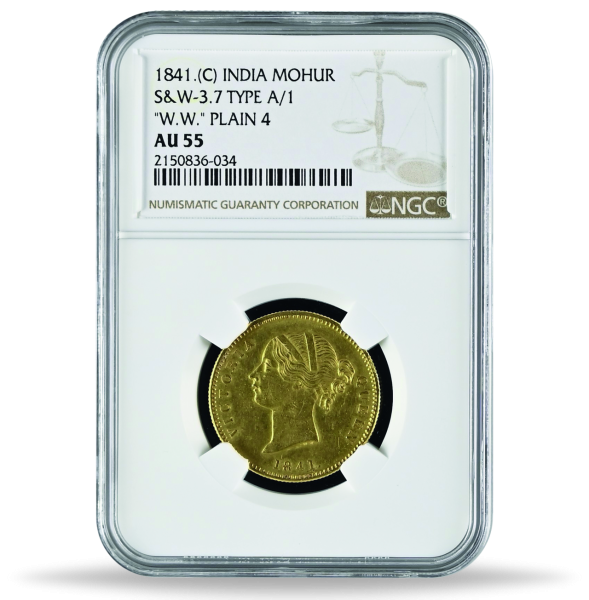 Indien, 1 Mohur 1841 Löwe/Palme, Kaiserin Victoria, NGC AU-55 - Slab Vorderseite