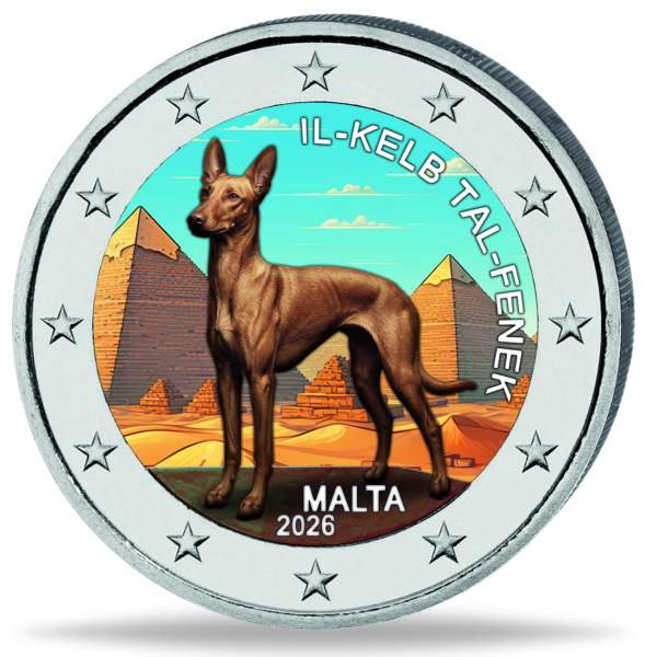 Malta, 2 Euro Pharaonenhund, 2026, bfr. mit Farbapplikation - Münze Vorderseite