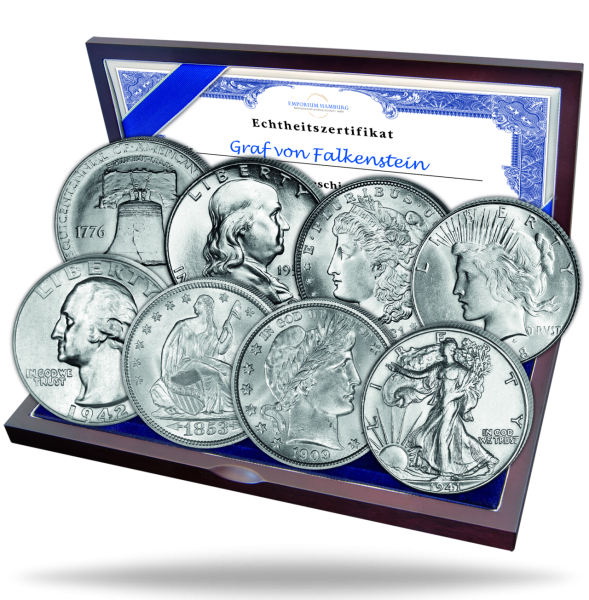 USA, Silber-Satz Geschichte der USA (8 Mz.) inkl. Zubehör - Satzbild