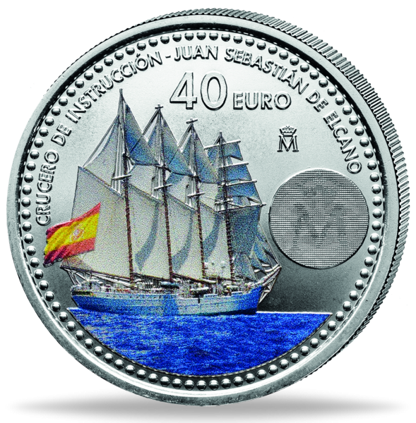 40 Euro Segelschulschiff Elcano, 2025, Silber, st, Farbappl. - Münze Vorderseite