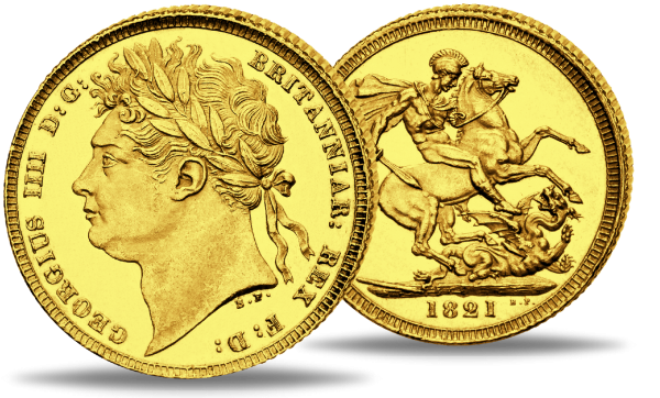 1 Sovereign Georg IV. mit Kranz - Vorderseite Münze / 1 Sovereign Georg IV. mit Kranz - Rückseite Münze