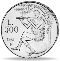 500 Lire Virgil Flötenspieler - Vorderseite Münze 500 Lire Virgil Flötenspieler - Vorderseite Münze