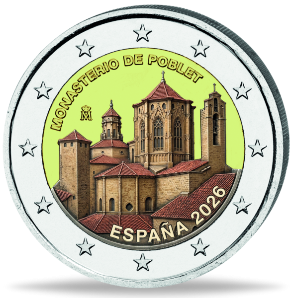 Spanien, 2 Euro Kloster von Poblet, 2026, bfr., mit Farbapplikation - Vorderseit