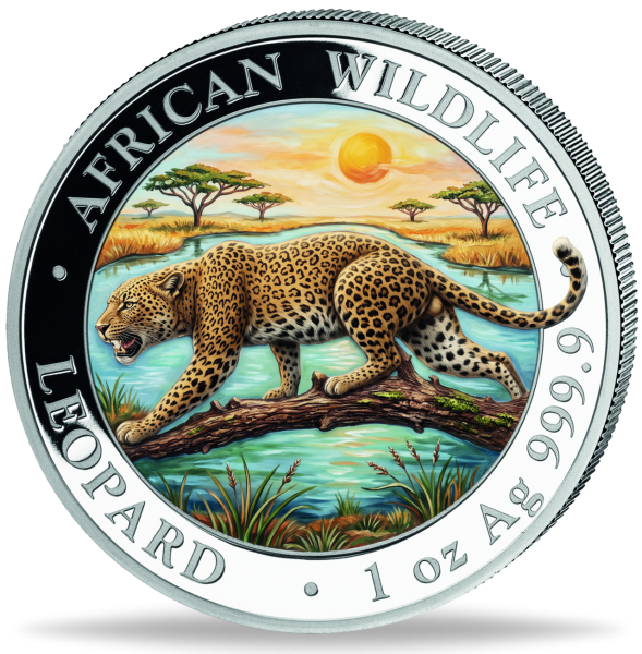 100 Shiling African Leopard 1 Unze Silber mit Farbveredelung 2026 - Münze Vorder
