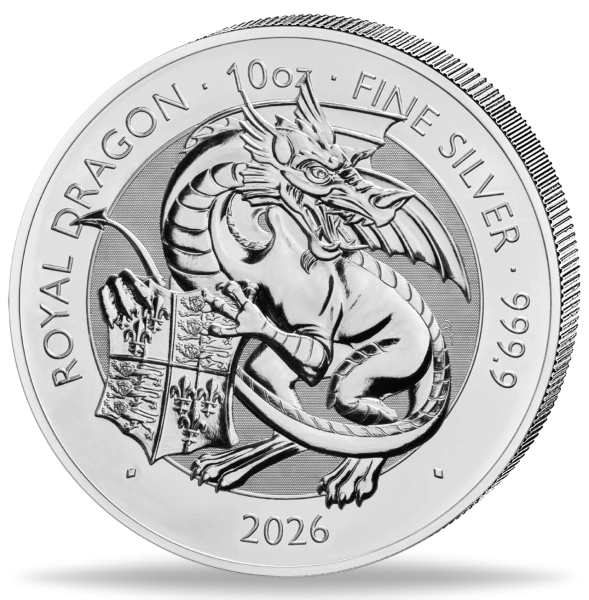 Tudor Beasts 10 Pfund 'Royal Dragon' 10 Unzen Silber 2026 - Münze Vorderseite