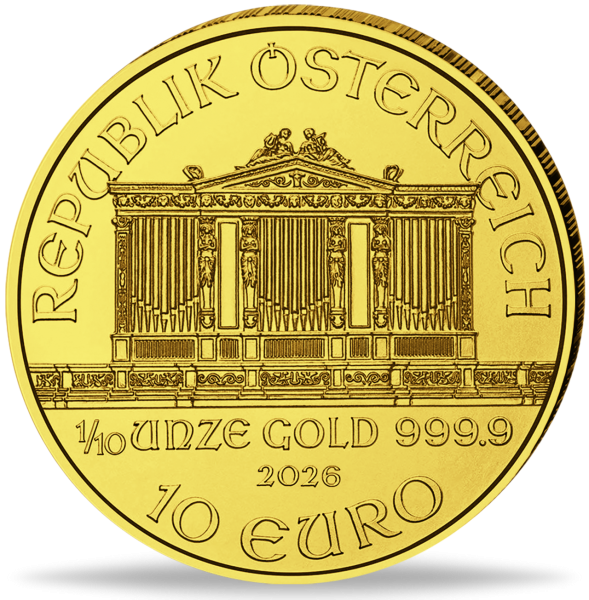 Österreich 10 Euro Philharmoniker 1/10 Unze Gold 2026 - Münze Vorderseite