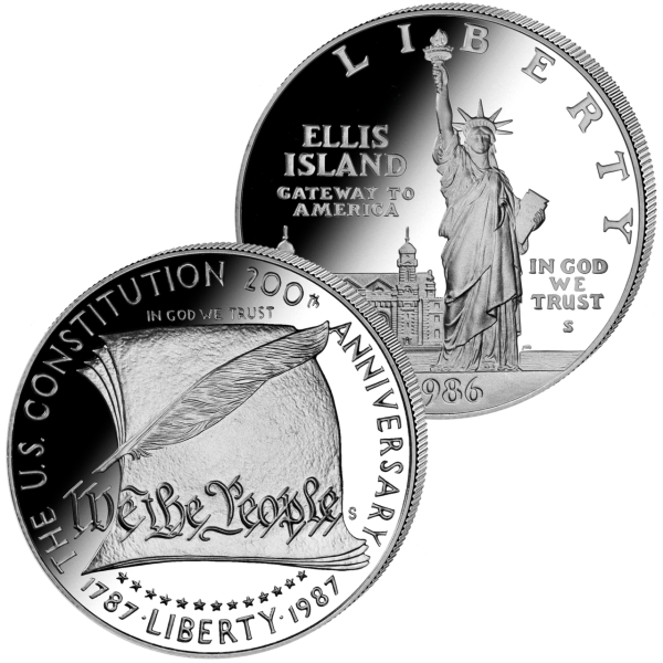 USA, 2 x 1 $ Statue of Liberty + 200 J. Verfassung, Silber, Polierte Platte