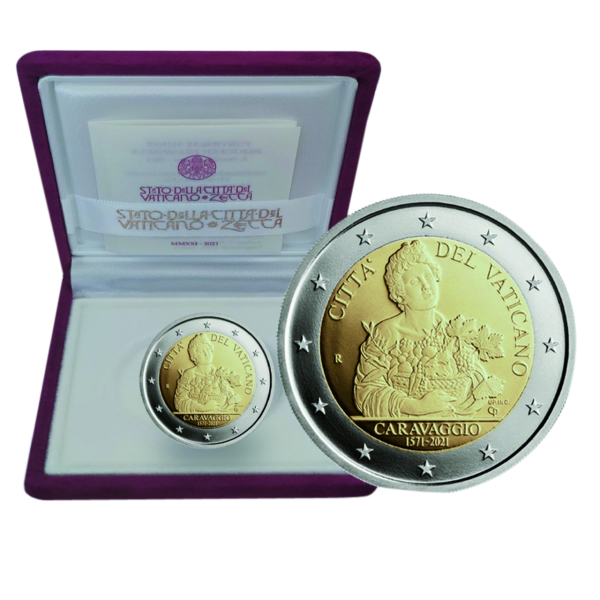 2 Euro Caravaggio - Münze Vorderseite in Verpackung