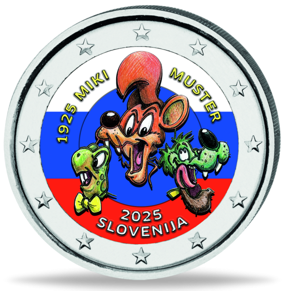 Slowenien, 2 Euro Miki Muster, 2025, bfr., Farbapplikation - Münze Vorderseite