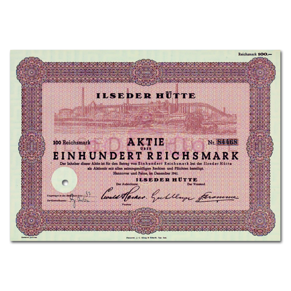 Aktie 100 Reichsmark Ilseder Hütte Hannover 1941