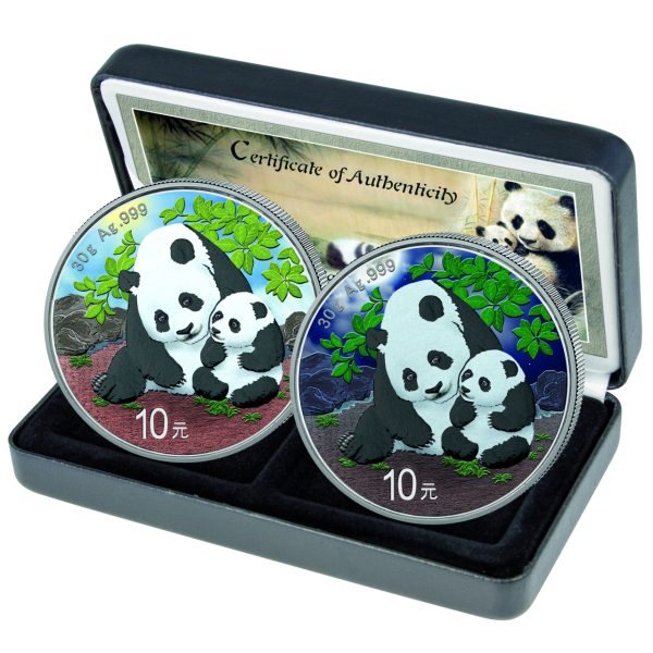 China, 2 x 10 Yuan Panda 2024, Tag & Nacht - Silber - Kassette