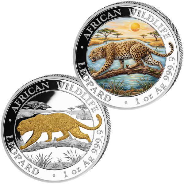 2x 100 Shilling 2026 Leopard, Goldveredelung und Farbapplikation - Satzbild
