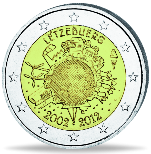 2 Euro „10 Jahre Euro-Bargeld“ Luxemburg - Münze Vorderseite