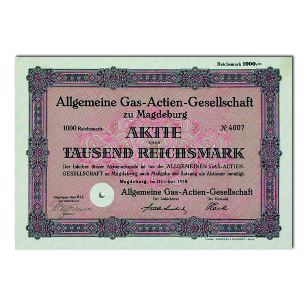 1.000 Reichsmark Allgemeine Gas-AG Magdeburg - Aktie
