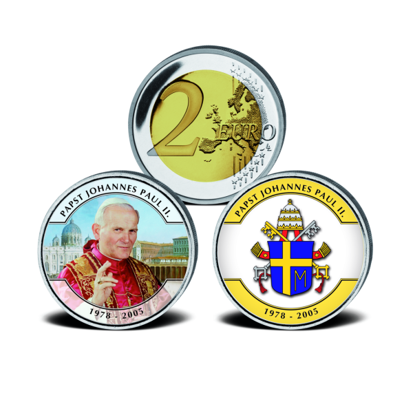 Vatikan Münzen Johannes Paul 2 Wert 2x 2 Euro „Johannes Paul II. & Papst-Wappen“ | Münzen-Versandhaus