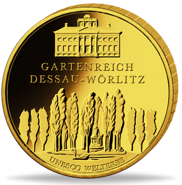 100 Goldeuro „Dessau-Wörlitz - F“ - Münze Vorderseite