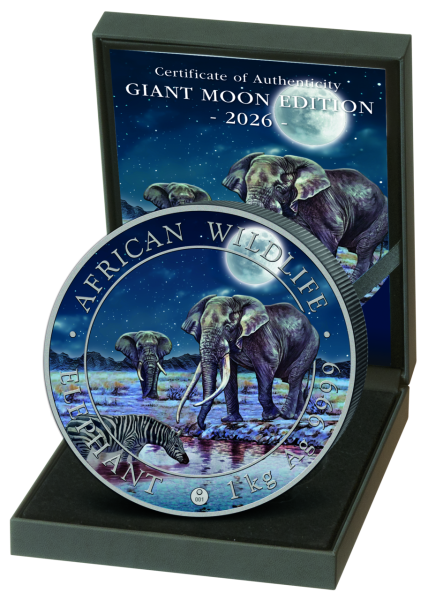 1 Kg Silbergigant 'Giant Moon' mit Farbapplikation - Münze in Kassette