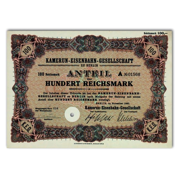 Aktie 100 Reichsmark Kamerun-Eisenbahn-Gesellschaft