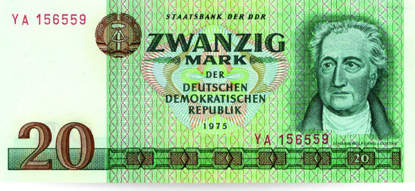 DDR, 20-Mark-Banknote, 1975, bankfrisch - Schein Vorderseite