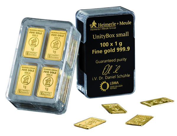100x1 Gramm Goldtafel Heimerle und Meule - Box mit Goldtafeln