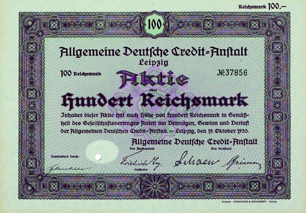 Aktie 100 Reichsmark Allgemeine Deutsche Credit-Anstalt