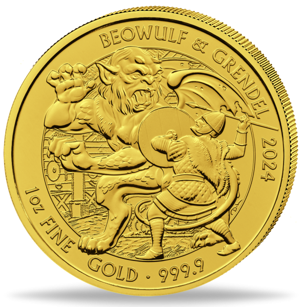 100 Pfund Beowulf Myth & Legends 1 Unze Gold 2024 - Münze Vorderseite