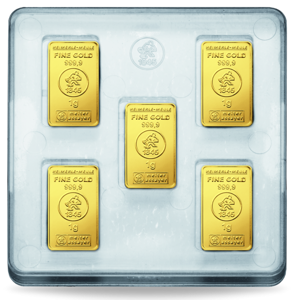 5x1 Gramm Heimerle Meule Goldtafel - Box Vorderseite