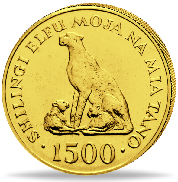 Tansania 1500 Shilling Geparde 33,44 g Gold 1974 - Münze Vorderseite