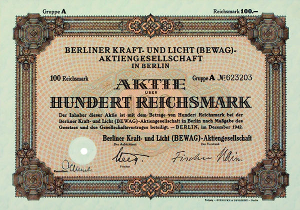 Aktie 100 Reichsmark Berliner Kraft- und Licht-AG Berlin