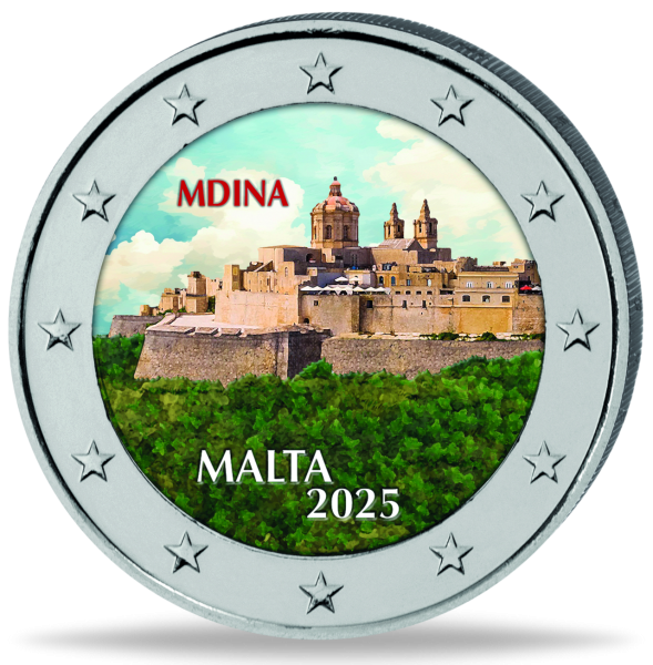 Malta 2 € „Mdina“, 2025, bfr. mit Farbapplikation - Münze Vorderseite