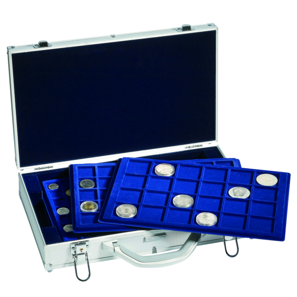 Aluminium-Münzkoffer mit 6 Tableaus für 198 Münzen